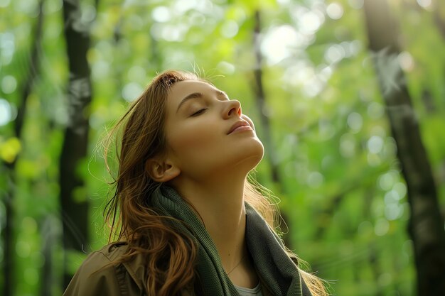 Photo une femme avec les yeux fermés debout dans une forêt