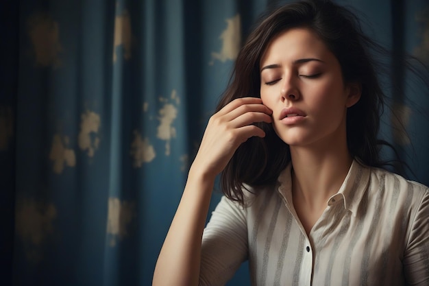 Une femme avec les yeux fermés et la main sur l'oreille.