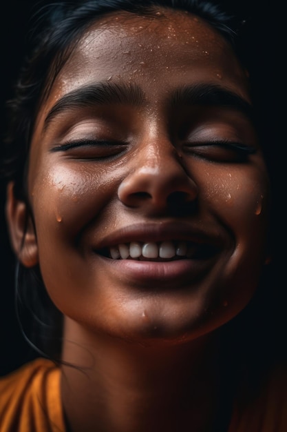 Une femme avec les yeux fermés et les yeux fermés sourit.