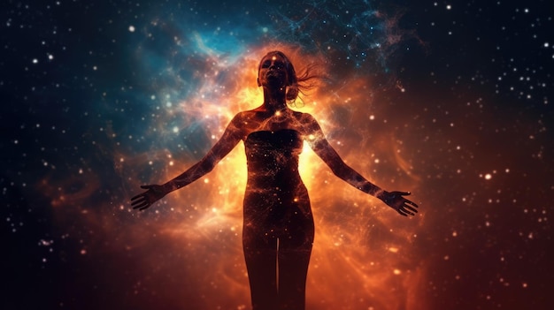 Photo femme en yoga plein corps rétroéclairé pose dans la galaxie de la nébuleuse générateur d'images ai weber