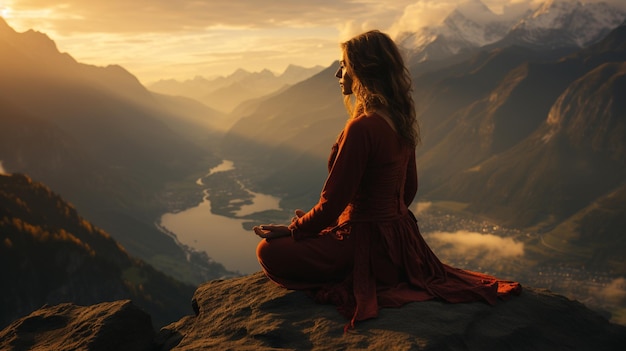 une femme de yoga en pose de lotus sur le fond du coucher du soleil