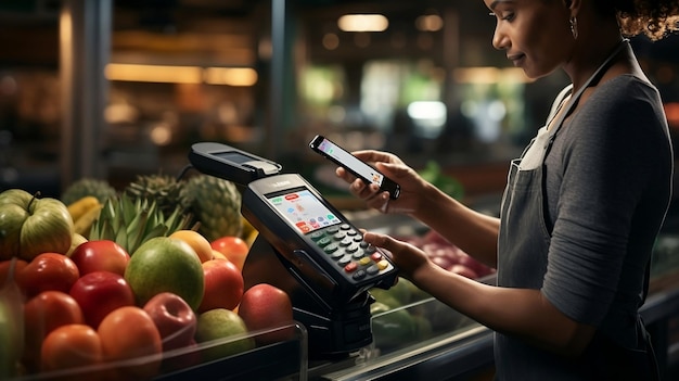 Une femme Yong utilise une application de téléphone portable pour payer à l'épicerie sans liquide.