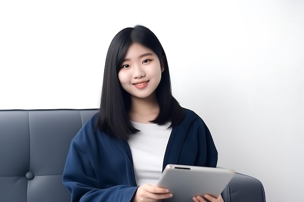 Photo des femmes adolescentes coréennes assises sur le canapé tenant un ipad.