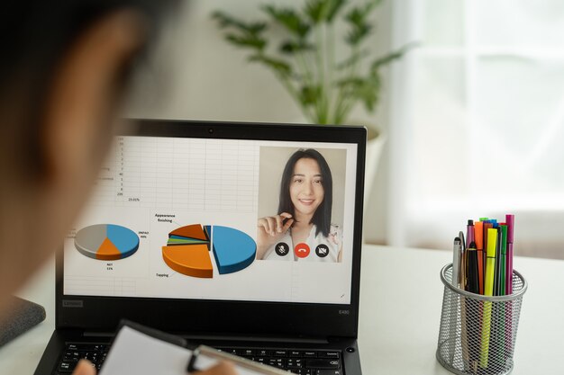 Femmes d'affaires asiatiques discutant avec des collègues de plans de vidéoconférence. Les femmes utilisent des ordinateurs pour des réunions en ligne lors d'appels vidéo à domicile.