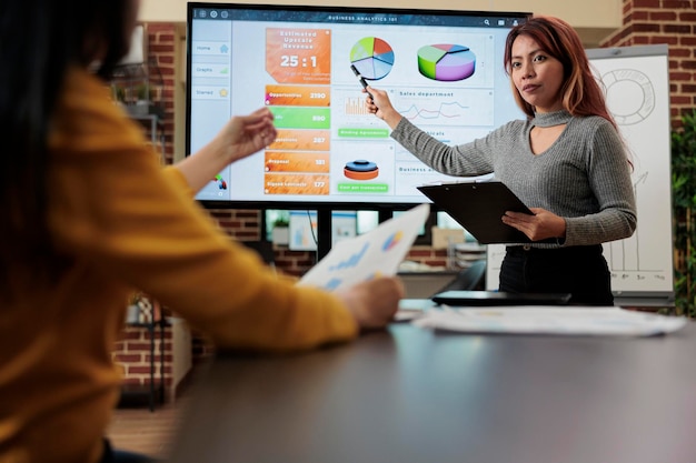 Photo femmes d'affaires expliquant la stratégie de l'entreprise discutant des statistiques de marketing avec le responsable lors d'une réunion d'affaires au bureau de démarrage. équipe de gestion analysant le graphique travaillant au projet de gestion