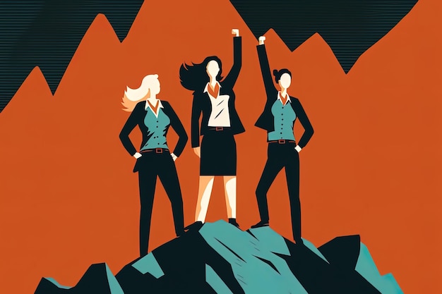 Femmes d'affaires IA génératives debout au sommet d'une montagne dans des poses de victoire Concept de réussite commerciale Concept de succès dans la vie avec un homme d'affaires célébrant au sommet de la montagne