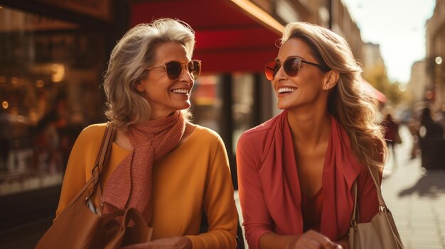 Femmes d'affaires multiraciales matures souriant et parlant lors d'une réunion en plein air Photo de haute qualité