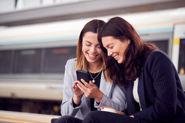 Les femmes d'affaires se rendant au travail attendent le train sur la plate-forme de la gare en regardant ensemble le téléphone mobile