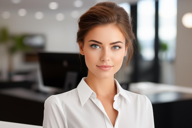 Photo femmes d'affaires travaillant dans une chemise sourire attendant ou client