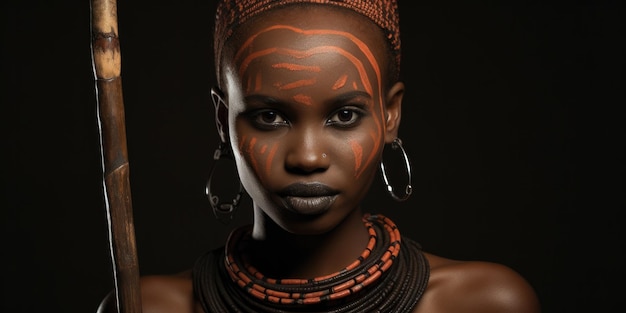Femmes d'Afrique avec des tatouages culturels, des cosmétiques de maquillage et une arme de lance en pierre en bois