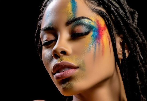 Les femmes afro-américaines avec la fierté peignent le visage de couleur le mois de la fiertés des droits LGBTQ le drapeau de l'arc-en-ciel
