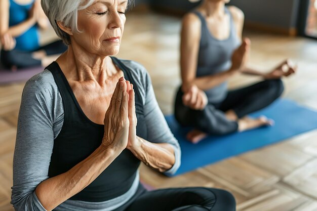 Des femmes âgées faisant du yoga et du fitness ensemble à la maison