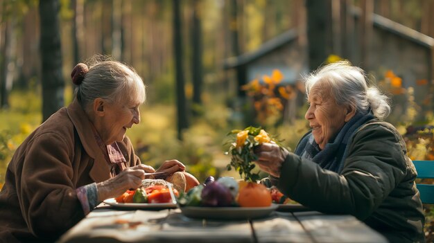 Des femmes âgées joyeuses profitent d'un repas sain en plein air