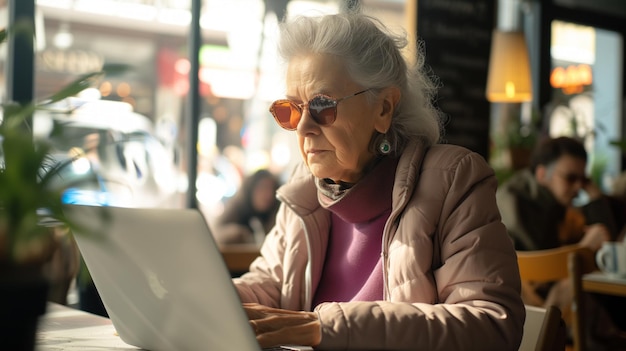Femmes âgées vêtues de vêtements décontractés et de lunettes de soleil travaillant sur un ordinateur portable, café intérieur moderne