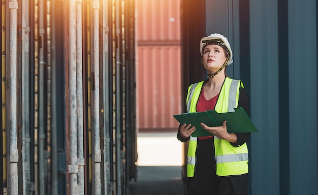 Femmes américaines Travailler dans une zone de chantier maritime international Service de livraison d'exportation et d'importation avec des conteneurs