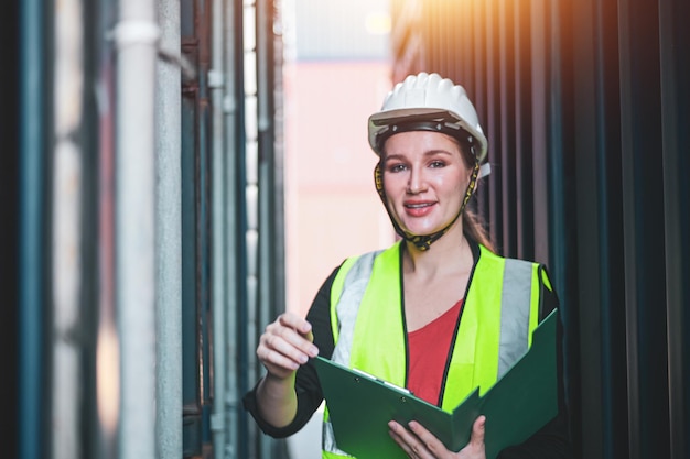 Femmes américaines Travailler dans une zone de chantier maritime international Service de livraison d'exportation et d'importation avec des conteneurs