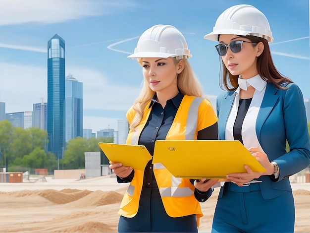 Femmes architectes avec plan de construction sur le chantier de construction immobilier d'entreprise de l'industrie du bâtiment