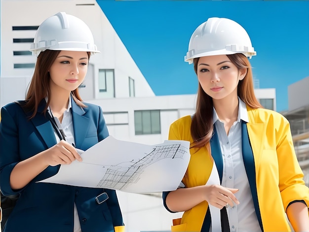 Femmes architectes avec plan de construction sur le chantier de construction immobilier d'entreprise de l'industrie du bâtiment