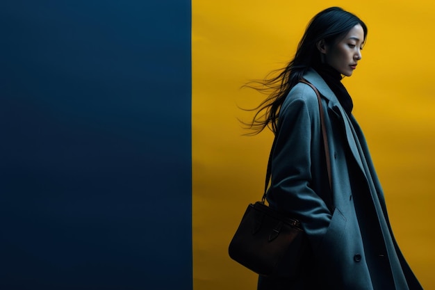 Femmes asiatiques Minimaliste Bleu et Jaune Générative AI