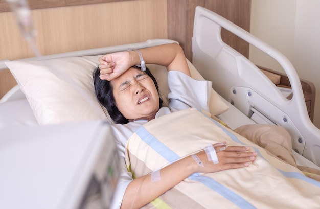 Femmes asiatiques patientes ayant un mal de tête ou une migraine sévère à l'hôpital