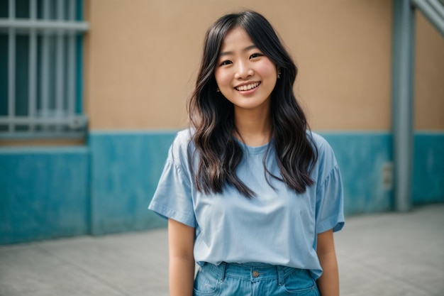 femmes asiatiques souriantes sur fond bleu