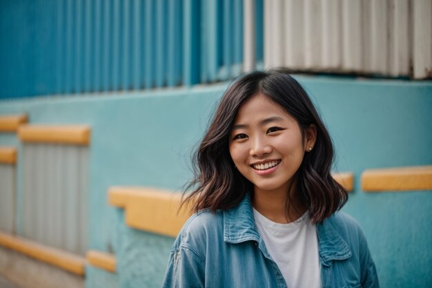 femmes asiatiques souriantes sur fond bleu