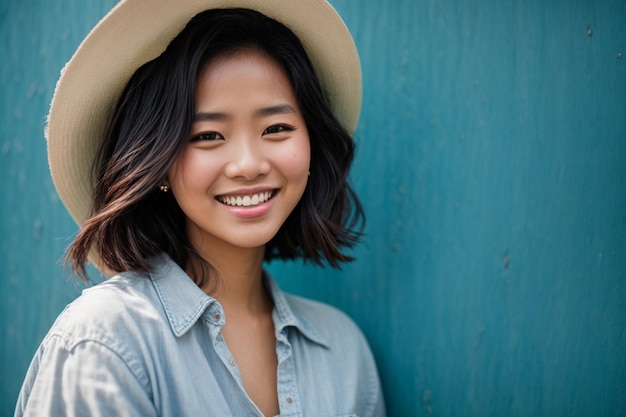 femmes asiatiques souriantes sur fond bleu