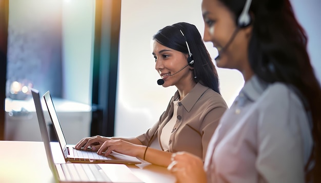 Les femmes des centres d'appels souriaient en travaillant et en fournissant des services avec courtoisie