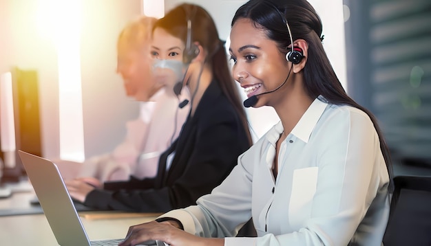 les femmes des centres d'appels souriaient en travaillant et en fournissant des services avec courtoisie