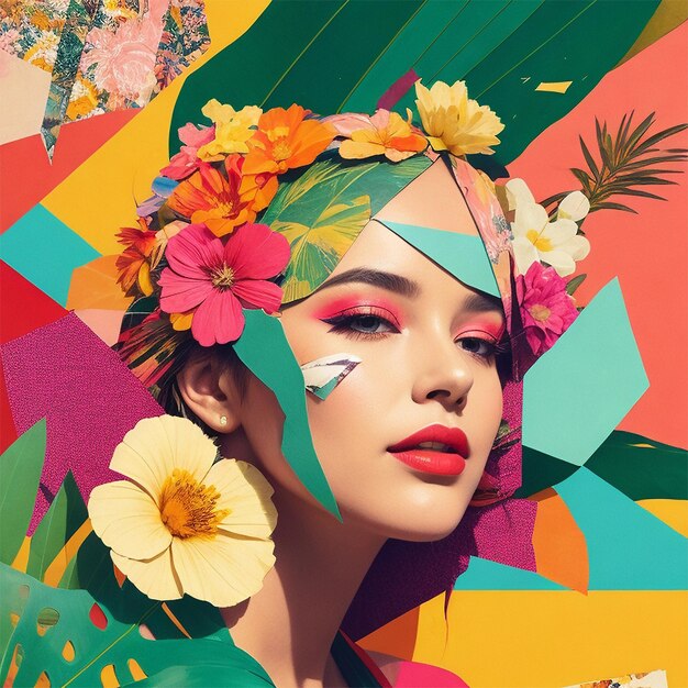 Femmes avec un collage de maquillage joyeux avec une atmosphère florale et tropicale