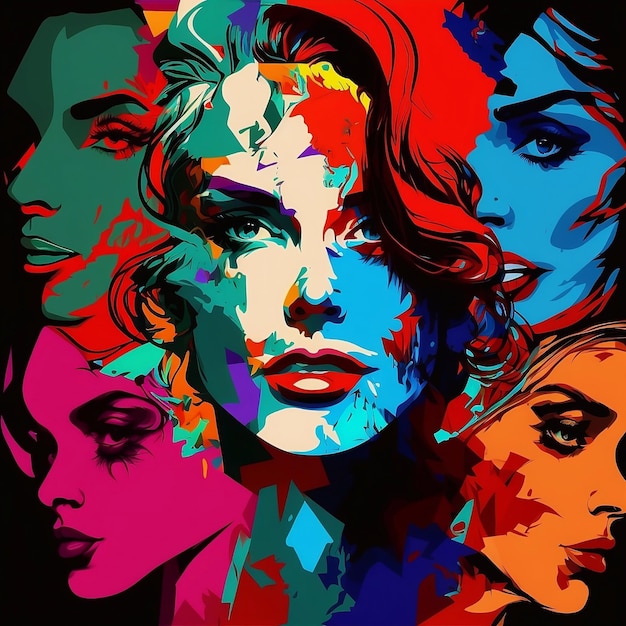 Des femmes colorées font face à un collage dans une peinture de style pop art