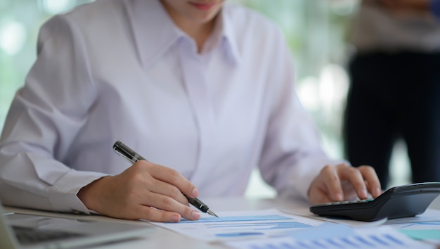 Les femmes comptables vérifient les revenus de l'entreprise