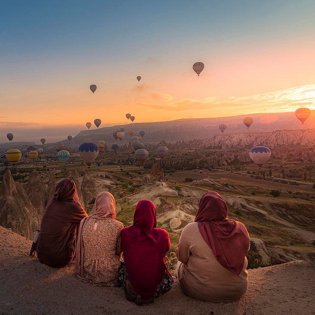 Des femmes en costume traditionnel regardent des montgolfières