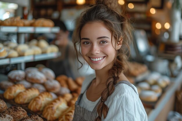 Les femmes un coup franc d'un sourire sur le boulanger