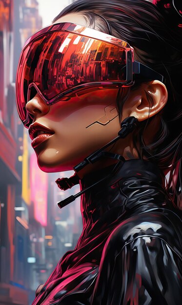 Femmes cyberpunk futuristes avec casque ville dystopique image colorée