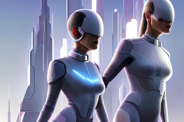 Les femmes cyborg 3D contre la ville du futur. (Rendu IA)