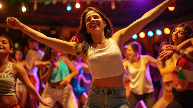 Photo des femmes dansent dans une classe de danse de groupe apprenant et s'amusant ensemble chico de mayo