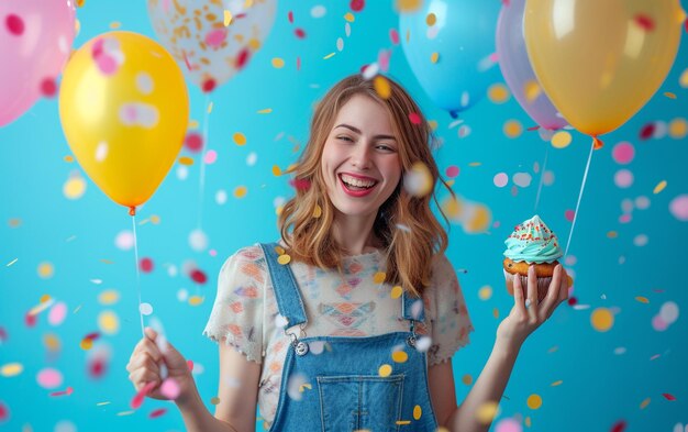 Des femmes détendues, joyeuses, souriantes, tenant un gâteau d'anniversaire et des ballons.