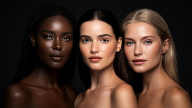 Photo des femmes de différentes couleurs de peau se tenant côte à côte, très proches portraits génération ai
