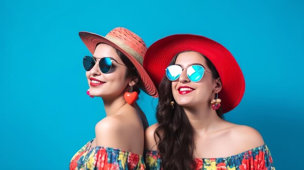 Femmes élégantes en lunettes de soleil et chapeau