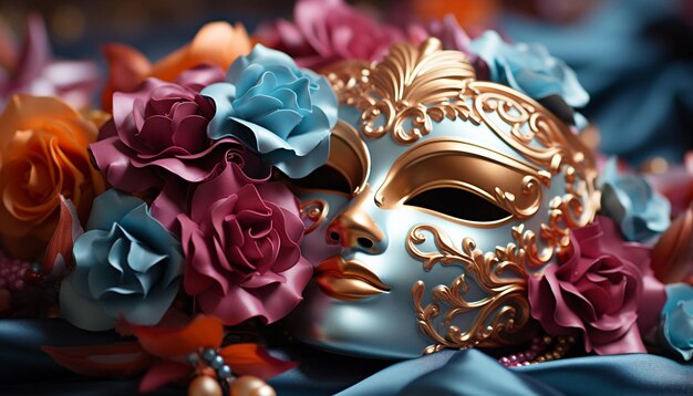 Des femmes élégantes masquées célèbrent avec des costumes de fleurs colorées générés par l'intelligence artificielle