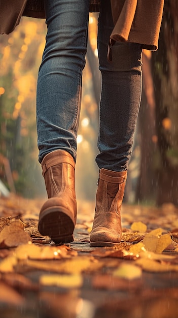 femmes en gros plan pieds en jeans et bottes promenade d'automne papier peint mobile vertical