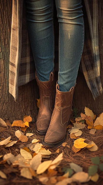 Photo femmes en gros plan pieds en jeans et bottes promenade d'automne papier peint mobile vertical