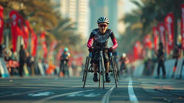 Femmes handicapées participant à des compétitions sportives et utilisant un fauteuil roulant sur un fond flou et un espace pour le texte ou le produit IA générative