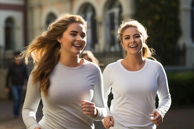 Photo des femmes heureuses et enthousiastes faisant du jogging et bavardant dans le parc d'automne animé un matin ensoleillé