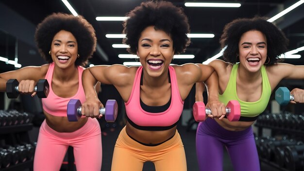 Des femmes heureuses en fitness portent des haltères