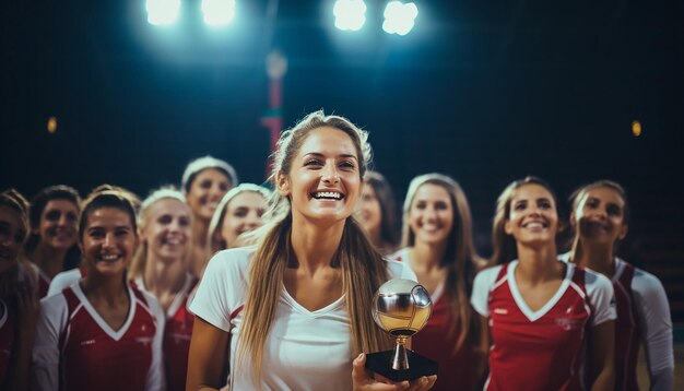 des femmes heureuses en tenue de volley-ball posant sur le terrain de voley-ball le capitaine tient un trophée