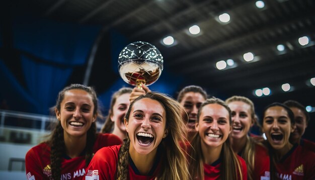 des femmes heureuses en tenue de volley-ball posant sur le terrain de voley-ball le capitaine tient un trophée