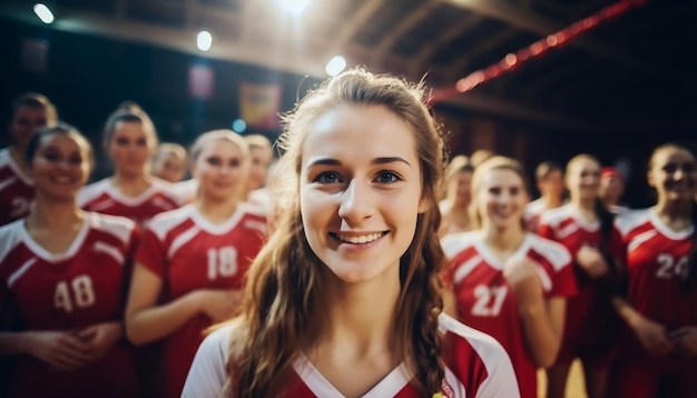 des femmes heureuses en tenue de volley-ball posant sur le terrain de voley-ball le capitaine tient un trophée