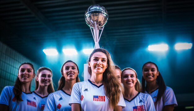 des femmes heureuses en tenue de volley-ball posant sur le terrain de voley-ball le capitaine tient un trophée